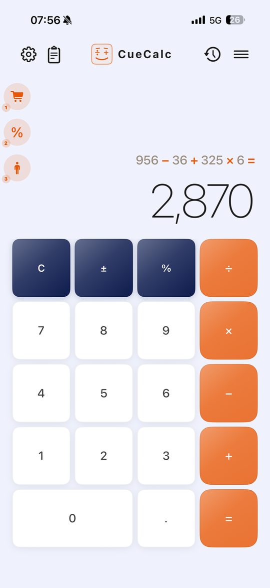 CueCalc on iPhone — Standard calculator showing 956 − 36 + 325 × 6 = 2,870