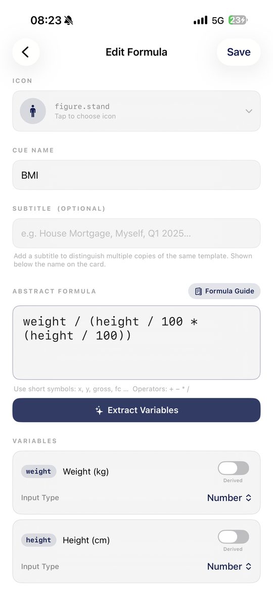 CueCalc Cues Studio — build a reusable formula Cue on iPhone