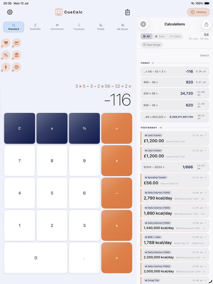 CueCalc on iPad — Standard calculator with History sidebar, expression 3 × 5 − 3 − 2 × 56 − 32 ÷ 2 = −116
