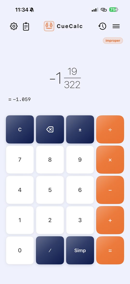 CueCalc Fractions mode on iPhone
